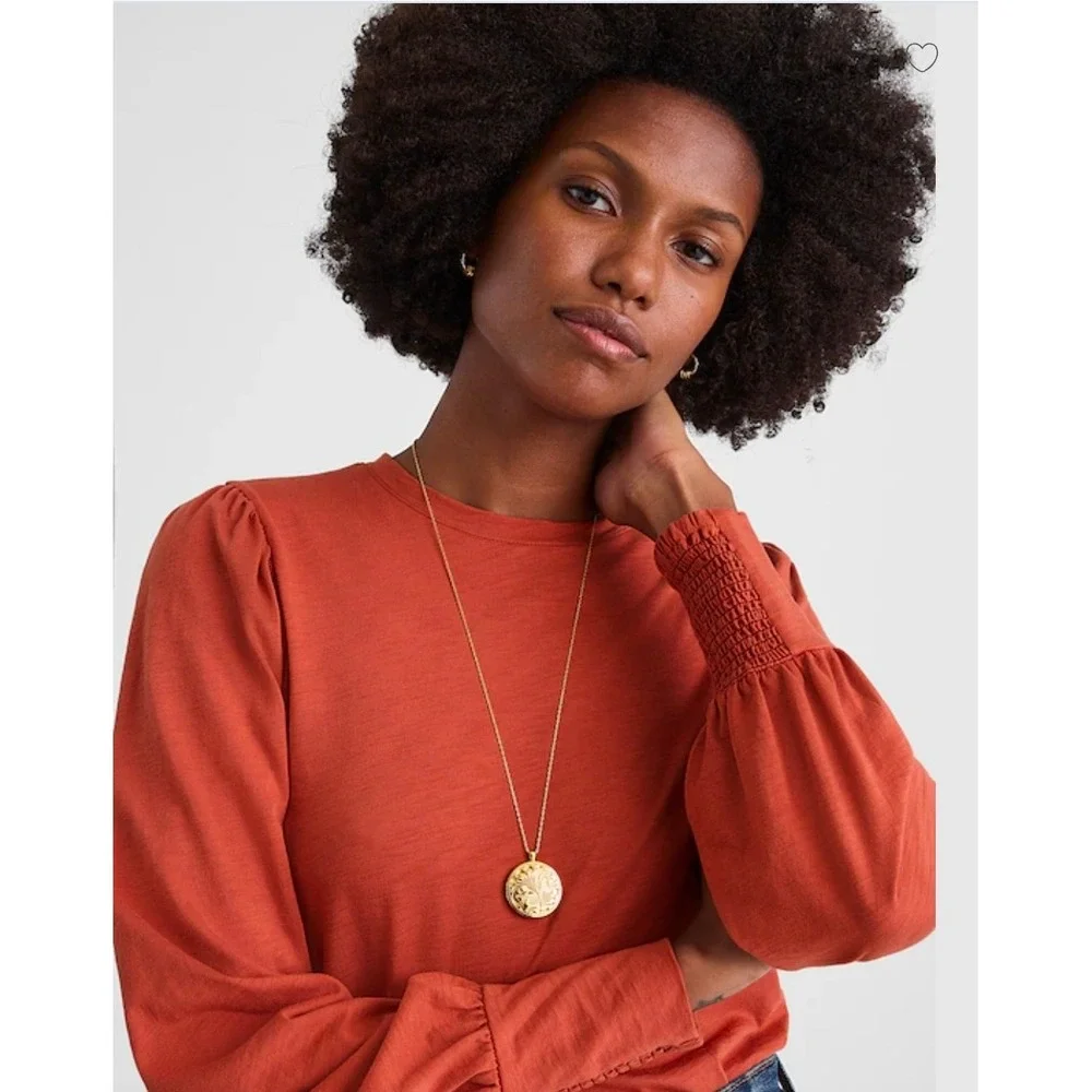 Madewell Women Medium Faded Brick Long Sleeve Smocked Cuff‎ Puff Shoulder Top